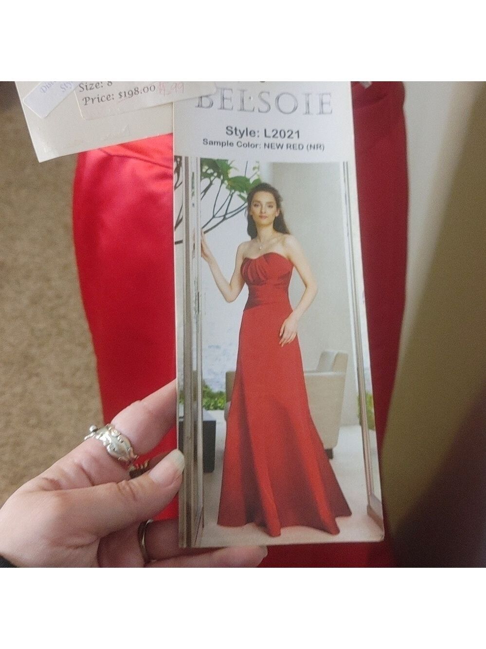 NWT Belsoie Red Satin Sweetheart Strapless Full Length Dress 8 - Picture 7 of 8